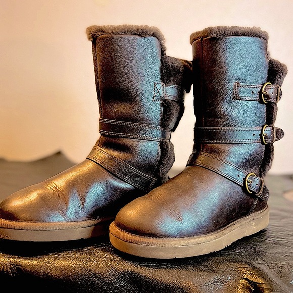 UGG | Women’s Sz 5 Brown Leather UGG Boots | Beckett Shearling Winter Boots New - Picture 2 of 14